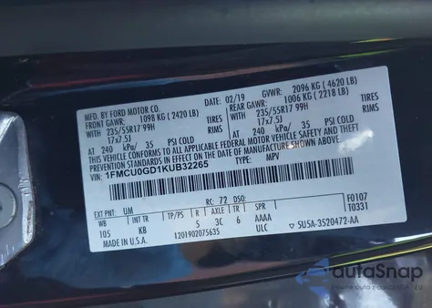 2019 Ford Escape Se из США, поврежденный, VIN 1FMCU0GD1KUB32265